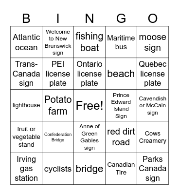 Prince Edward Island Road Trip Bingo Card