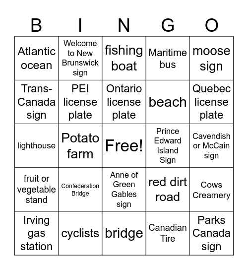 Prince Edward Island Road Trip Bingo Card