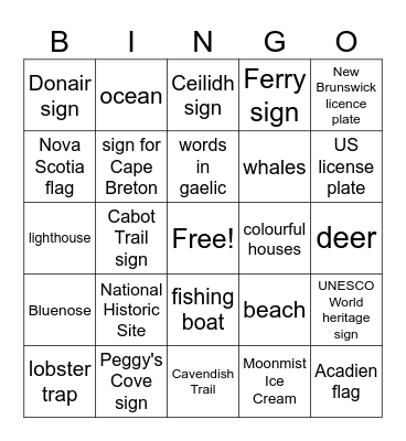 Nova Scotia Road Trip Bingo Card
