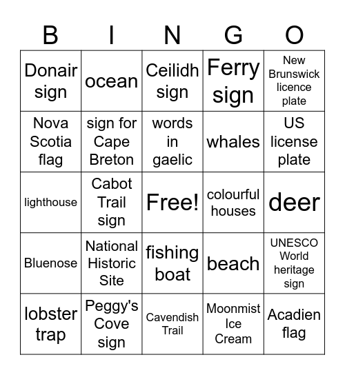 Nova Scotia Road Trip Bingo Card