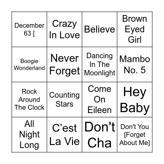 Music Bingo Game 1 Bingo Card