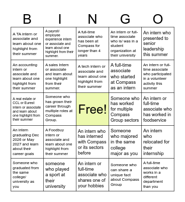 Corporate Intern Farewell Event  (Tap a box after meeting someone who matches the description.) Bingo Card