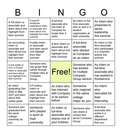 Corporate Intern Farewell Event  (Tap a box after meeting someone who matches the description.) Bingo Card