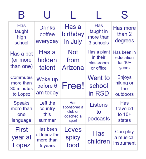Bull Bingo Card