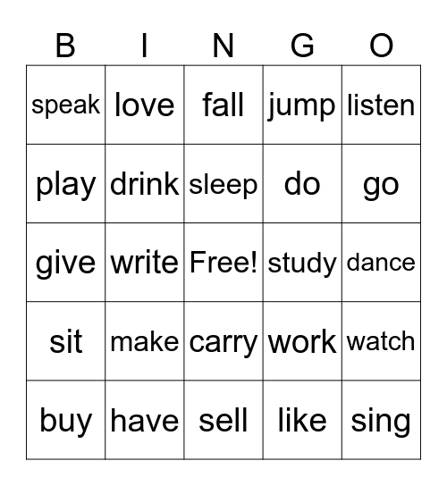 Basic Verb Bingo Card