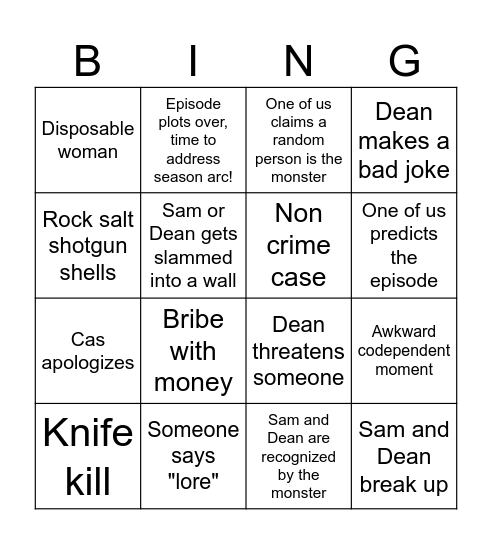 Supernatural 3 Bingo Card