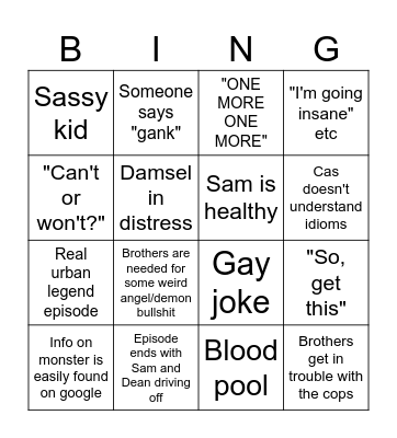 Supernatural 4 Bingo Card