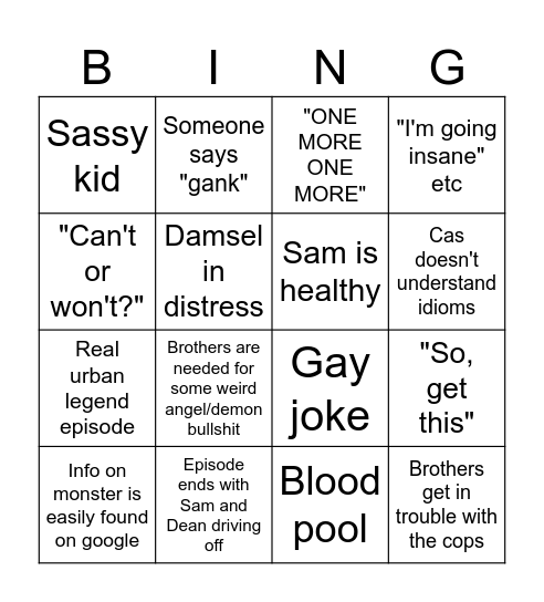 Supernatural 4 Bingo Card