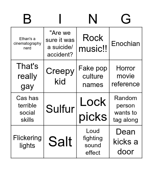 Supernatural 5 Bingo Card