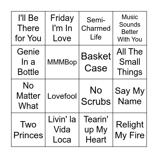 90s Bingo Round 1 Bingo Card