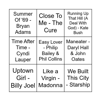 80's Music Bingo Card
