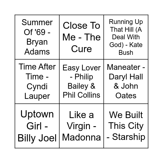 80's Music Bingo Card