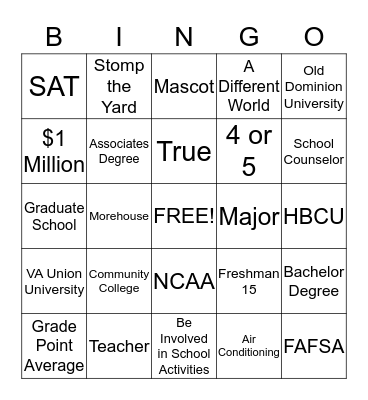Your College Knowledge Bingo Card