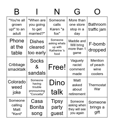 Family Birthday Trip Bingo Card