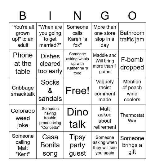 Family Birthday Trip Bingo Card