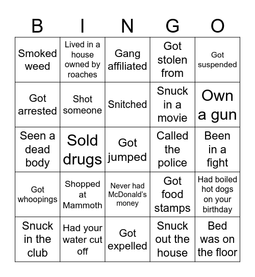 Hood Bingo Card