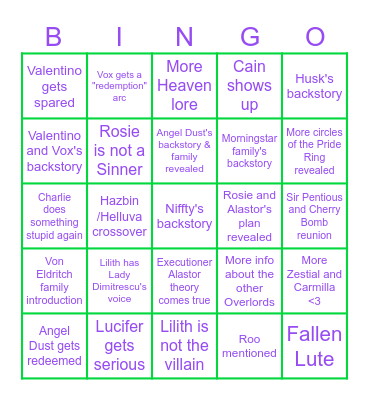 Hazbin Hotel Season 3 Predictions! Bingo Card