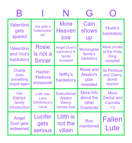Hazbin Hotel Season 3 Predictions! Bingo Card