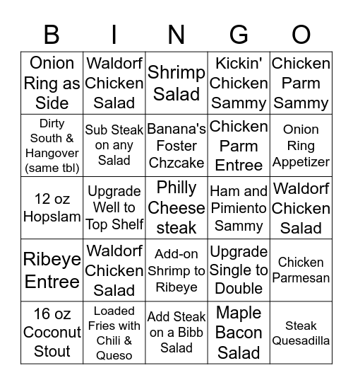 NEW MENU ITEMS Bingo Card