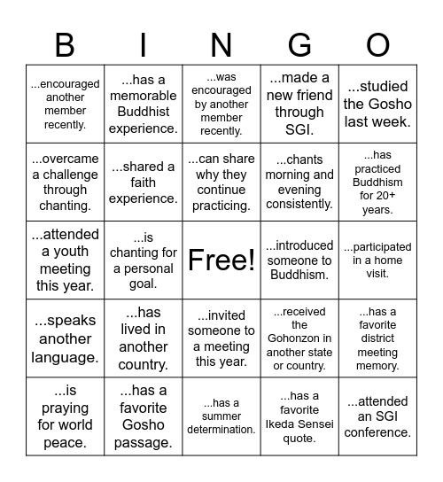 SGI Bingo Card