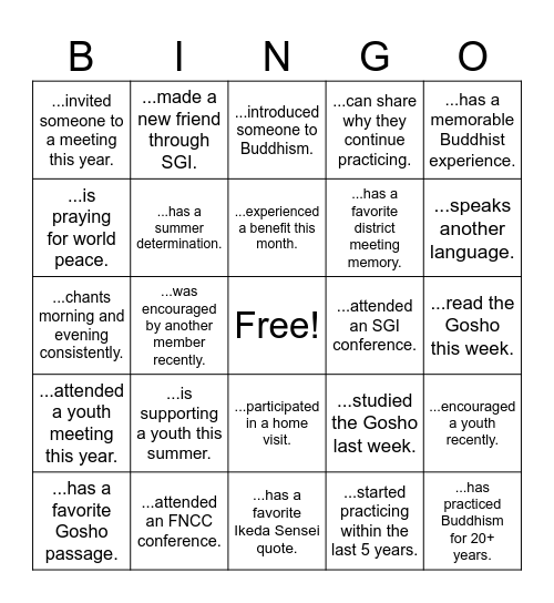 SGI Bingo Card