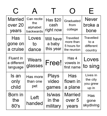 Family Reunion Bingo Card