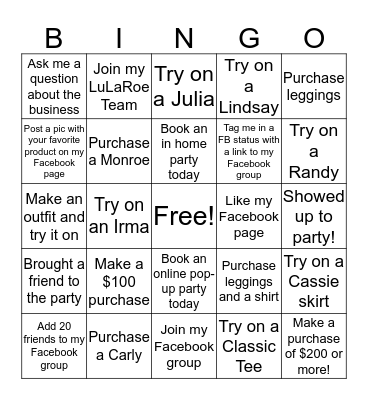 LuLaRoe Christie Roush Bingo Card
