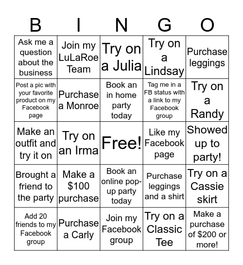 LuLaRoe Christie Roush Bingo Card