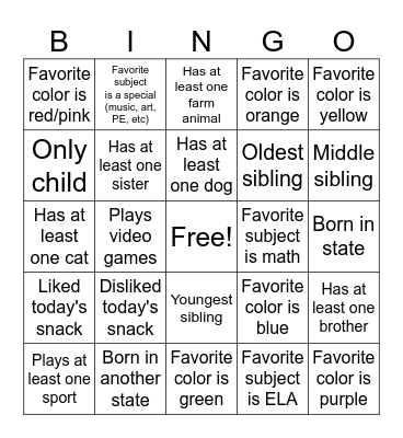 All About Me Bingo Card
