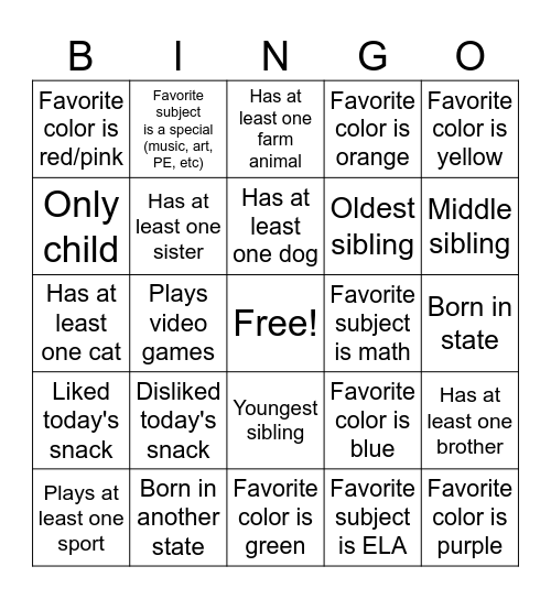 All About Me Bingo Card
