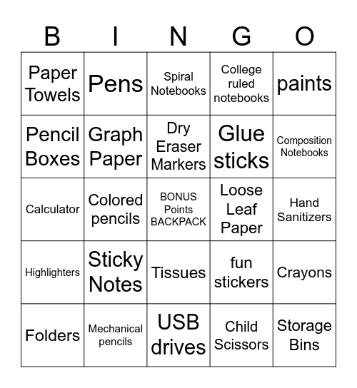 School Supply BINGO Card