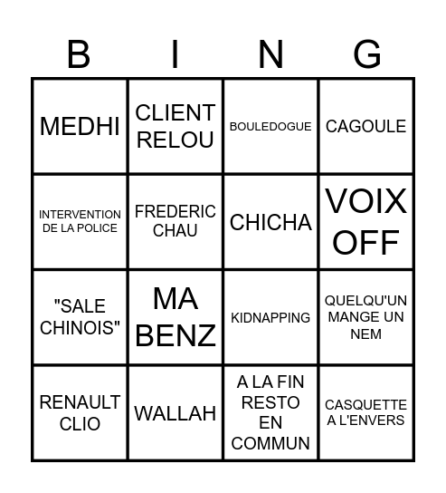 DE L'HUILE SUR LE FEU Bingo Card