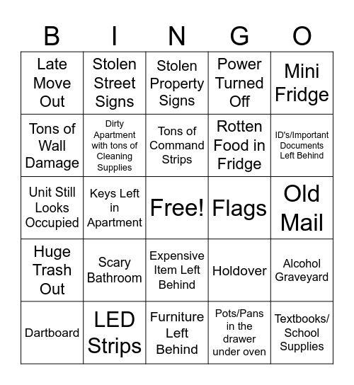 Move Out Day Bingo Card