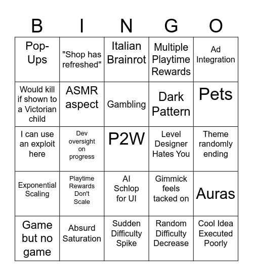 Roblox Slop Bingo Card