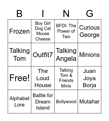 Cartoons, Characters and Species Bingo Card