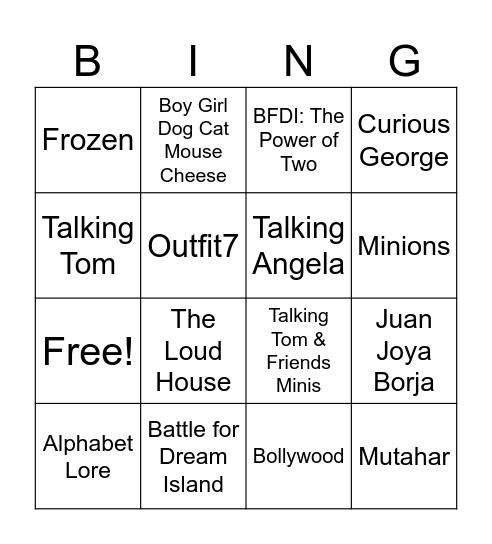 Cartoons, Characters and Species Bingo Card