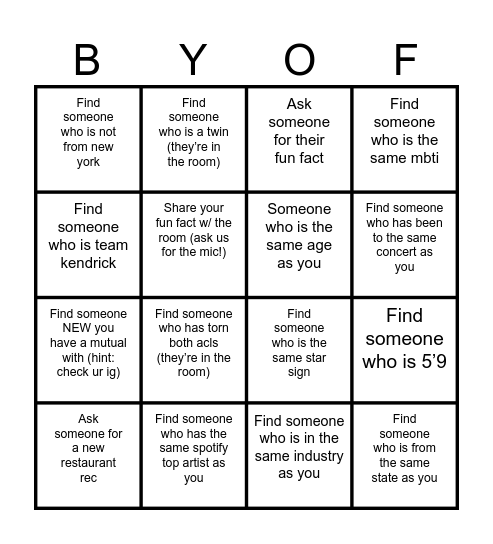 BYOF Summer Bingo Card