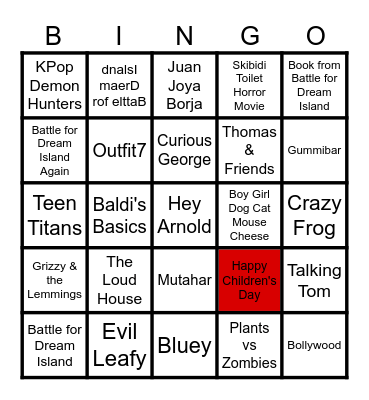 Cartoons, Persons, Marks, Species, Songs, Video Games and Characters Bingo Card