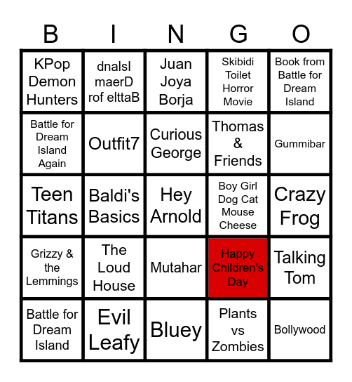 Cartoons, Persons, Marks, Species, Songs, Video Games and Characters Bingo Card