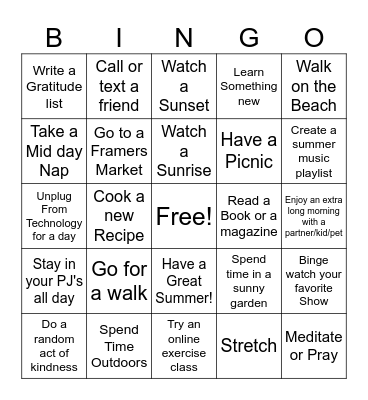 Summer Self-Care Bingo Card