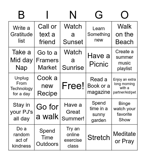 Summer Self-Care Bingo Card