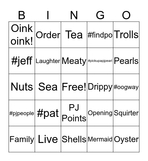 Pat and Jeff's Bingo Card