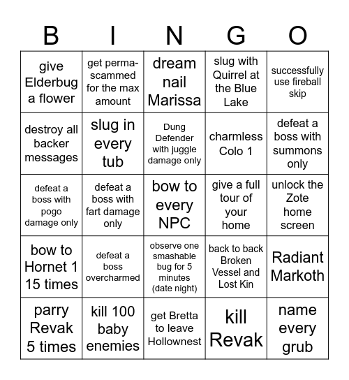 Hollow Knight Bingo Card