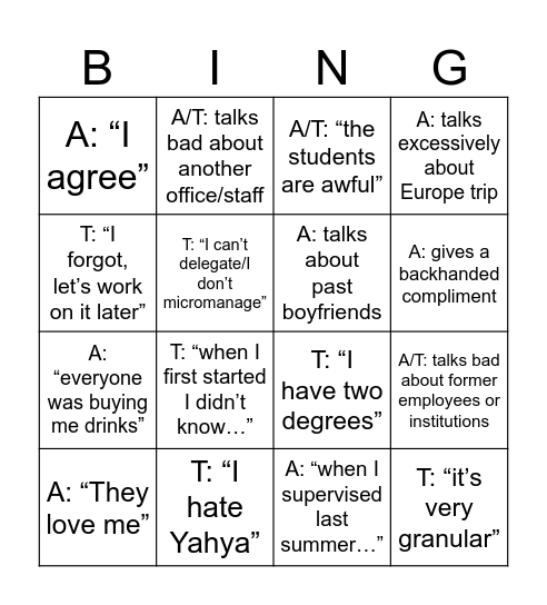 Dinner Bingo Card
