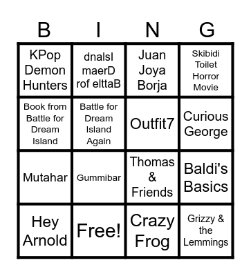 Cartoons, Persons, Marks, Species, Songs, Video Games and Characters Bingo Card