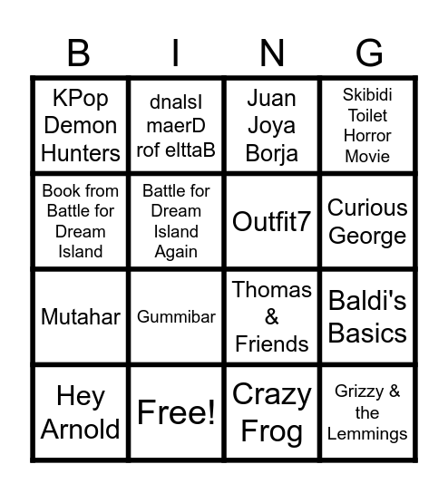 Cartoons, Persons, Marks, Species, Songs, Video Games and Characters Bingo Card