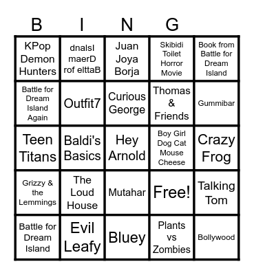 Cartoons, Persons, Marks, Species, Songs, Video Games and Characters Bingo Card