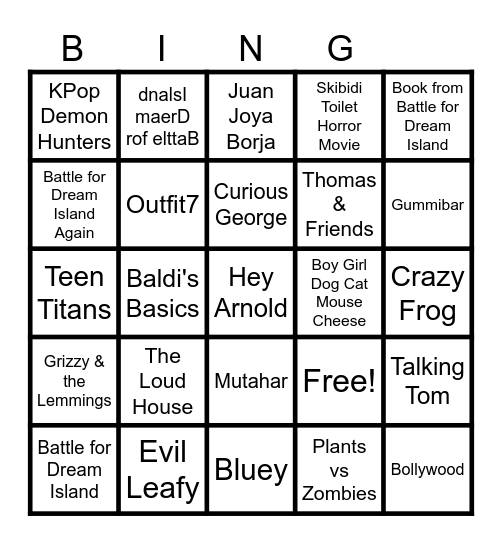 Cartoons, Persons, Marks, Species, Songs, Video Games and Characters Bingo Card