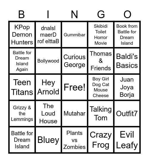 Cartoons, Persons, Marks, Species, Songs, Video Games and Characters Bingo Card