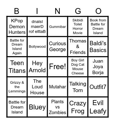 Cartoons, Persons, Marks, Species, Songs, Video Games and Characters Bingo Card